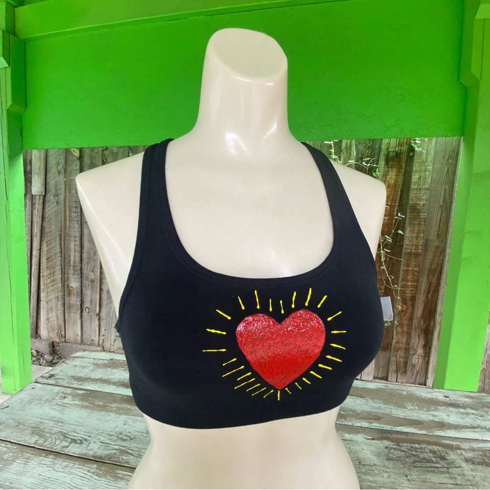 Handpainted heart on black bra top, festival top, crop top, Small